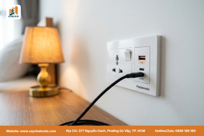 Ổ cắm điện thông minh tích hợp cổng sạc USB-C được bố trí hợp lý khi xây CHDV cao cấp.