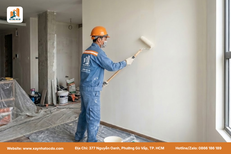 Công đoạn sơn nước hoàn thiện tường, một phần quan trọng của quy trình thi công nội thất.