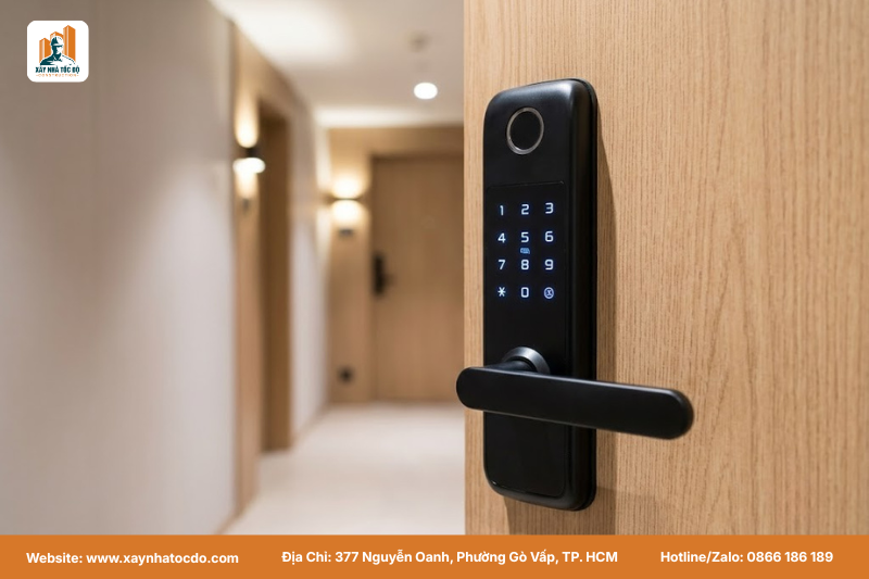 Khóa cửa vân tay hiện đại được lắp đặt trong một dự án xây CHDV cao cấp chuyên nghiệp.