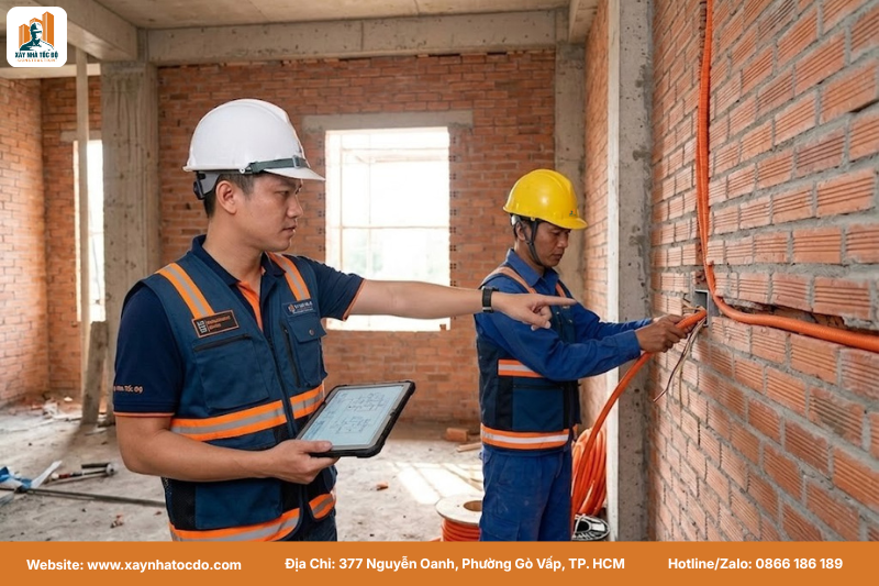 Kỹ sư đang giám sát việc đi dây điện âm tường, một bước trong quy trình tích hợp giải pháp smarthome trong xây dựng.