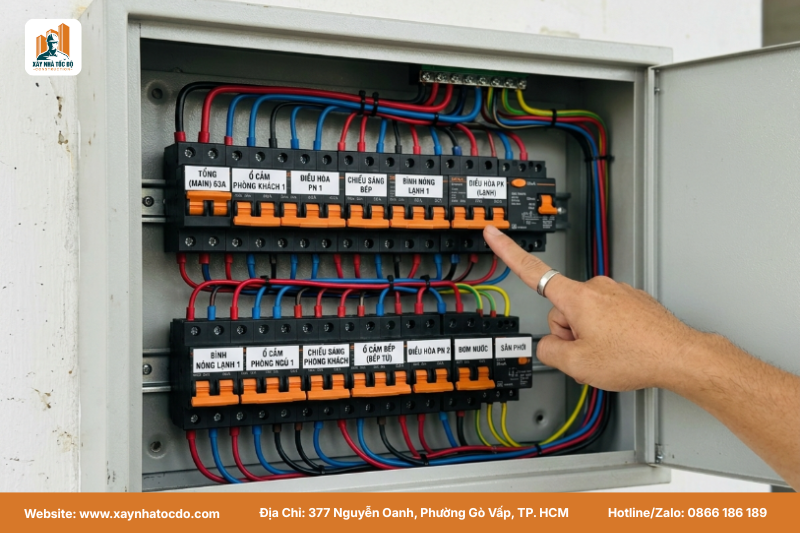 Kỹ sư điện kiểm tra tủ CB, một hạng mục quan trọng trong nghiệm thu chất lượng hoàn thiện nội thất.