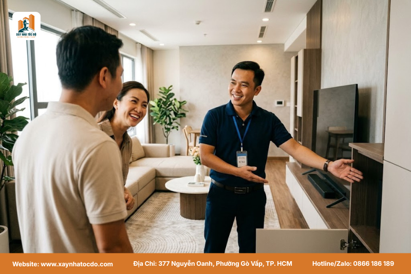 Giám sát và chủ nhà nghiệm thu công trình, bước cuối cùng trong quy trình thi công nội thất.