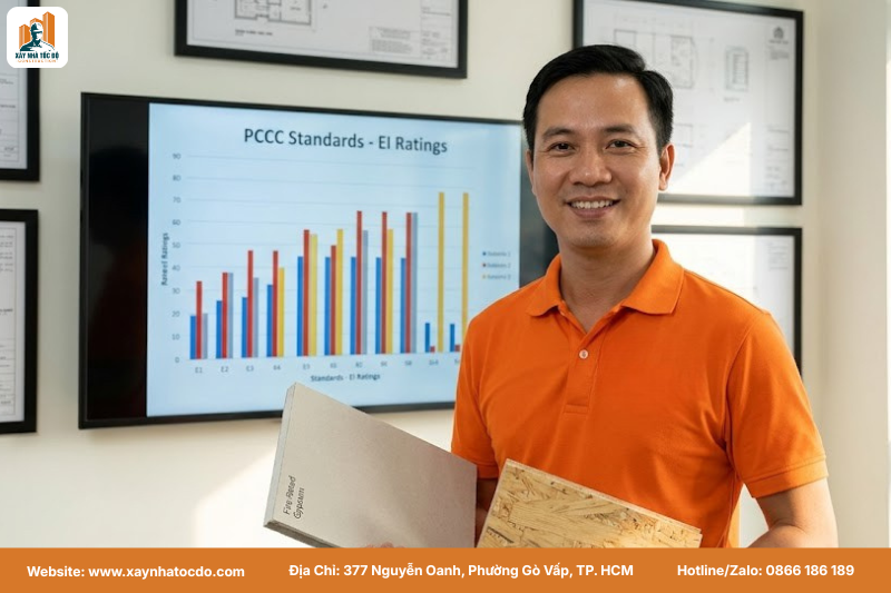 Kỹ sư Xây Nhà Tốc Độ giải thích về các tiêu chuẩn PCCC trong việc lựa chọn vật liệu nội thất an toàn.