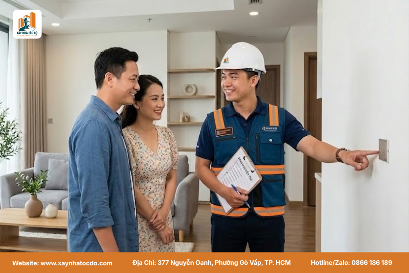 Kỹ sư đang thực hiện nghiệm thu chất lượng hoàn thiện nội thất căn hộ cùng chủ nhà.