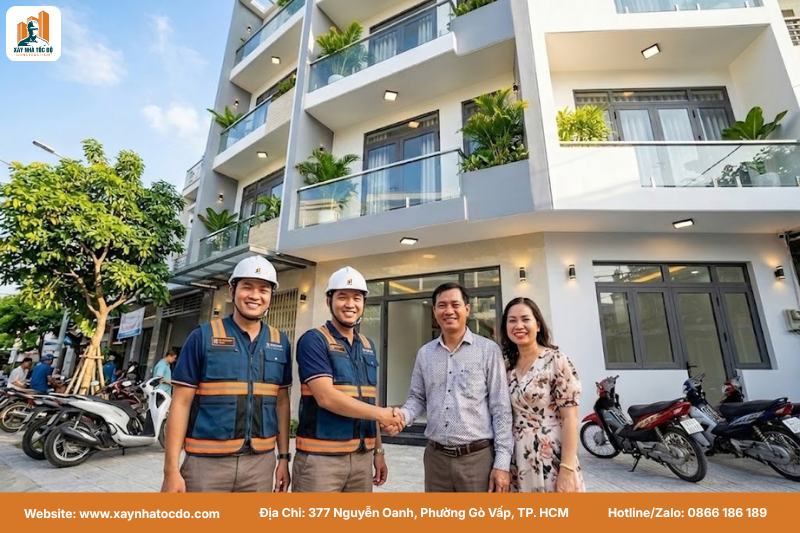 Hình ảnh đội ngũ Xây Nhà Tốc Độ cam kết đồng hành cùng khách hàng sau khi bàn giao với cẩm nang vận hành chuyên nghiệp.