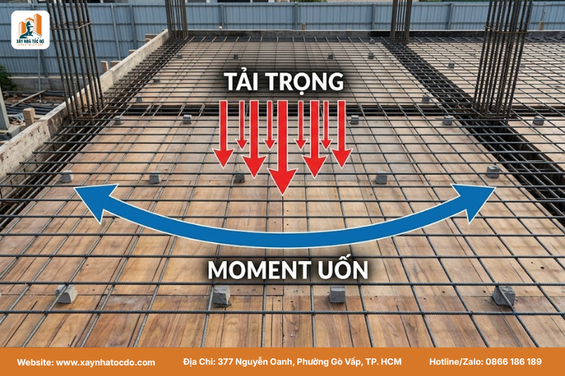 Sơ đồ minh họa lực uốn và tầm quan trọng của kỹ thuật thi công thép sàn đúng chuẩn.