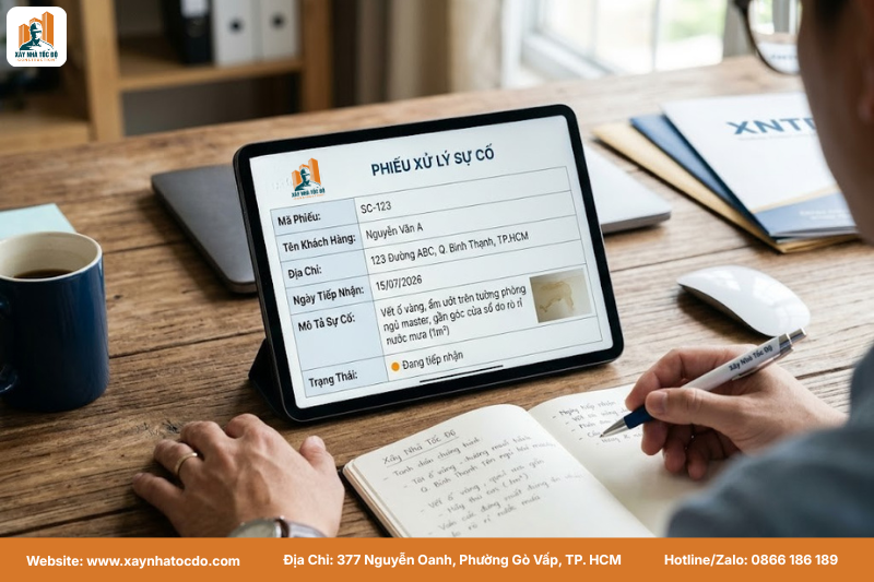 Mẫu phiếu xử lý sự cố điện tử trong quy trình khắc phục sau bàn giao của Xây Nhà Tốc Độ.