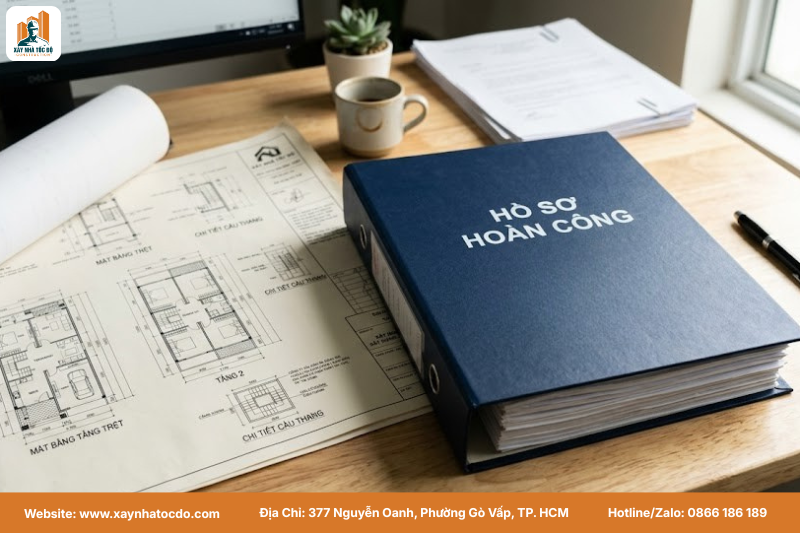Một bộ hồ sơ hoàn công được đóng dấu xác nhận đặt trên bản vẽ kiến trúc ngôi nhà đã hoàn thiện.
