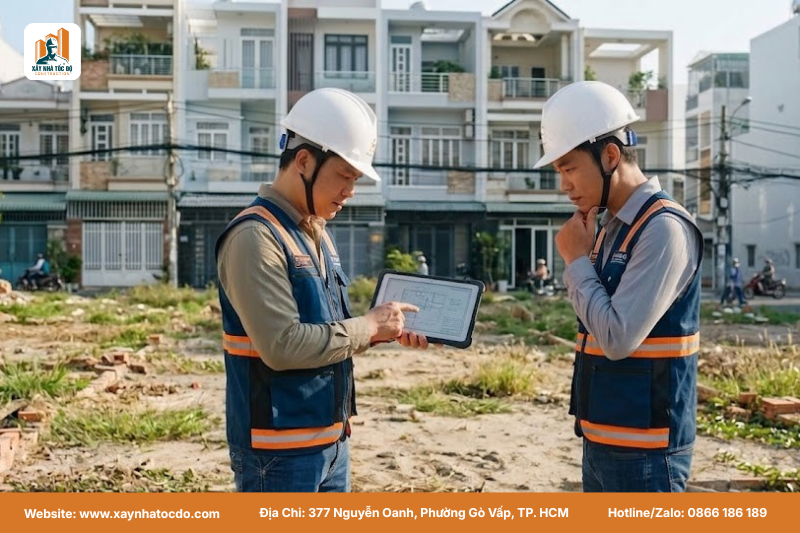 Đội ngũ kỹ sư Xây Nhà Tốc Độ đang khảo sát để chuẩn bị mặt bằng thi công vững chắc.