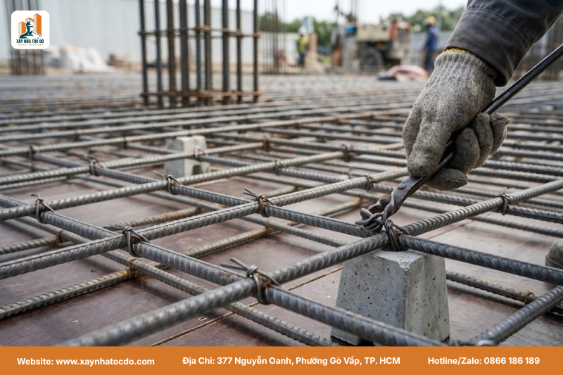 Cận cảnh kỹ thuật thi công thép sàn lớp dưới, sử dụng con kê đảm bảo lớp bê tông bảo vệ.