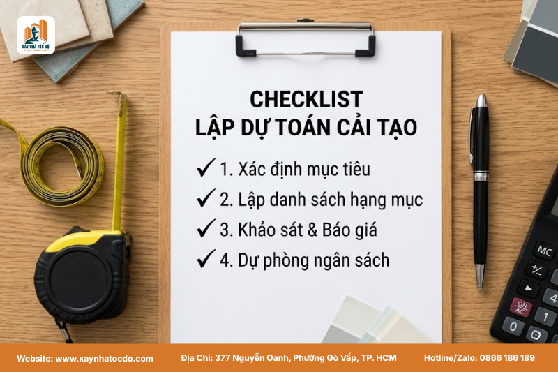Checklist các bước lập dự toán để so sánh chi phí cải tạo nhà một cách chính xác.