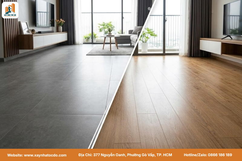 So sánh sàn gạch men và sàn gỗ công nghiệp chống cháy B1 khi lựa chọn vật liệu nội thất an toàn.
