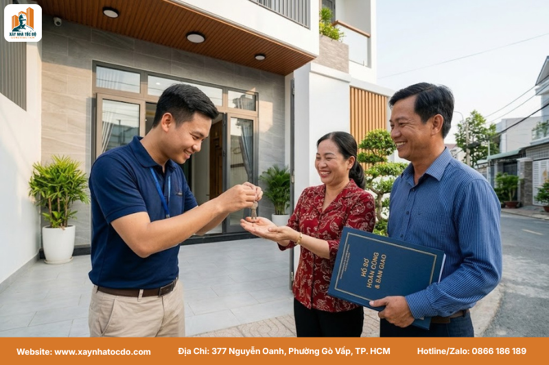 Chủ nhà vui vẻ nhận chìa khóa và bộ hồ sơ hoàn công đã hoàn tất từ đại diện Xây Nhà Tốc Độ.