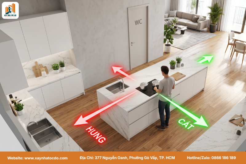Vị trí đặt bếp theo phong thủy nhà bếp với nguyên tắc tọa hung hướng cát.