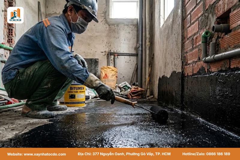 Chống thấm kỹ lưỡng cho nhà vệ sinh, một bước không thể thiếu trong các công đoạn thi công thô.