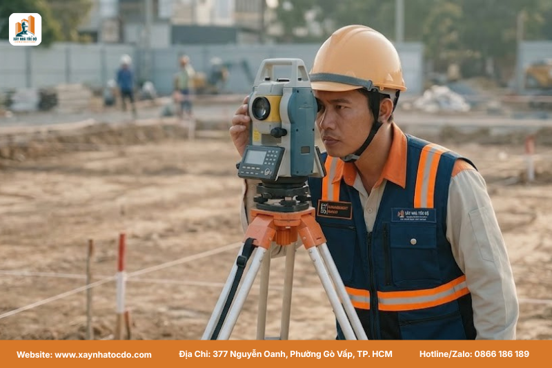 Kỹ sư Xây Nhà Tốc Độ định vị tim mốc, một trong các công đoạn thi công thô quan trọng.