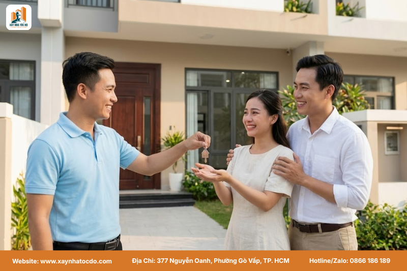 Gia đình hạnh phúc nhận chìa khóa nhà mới, thành quả của một quy trình thi công hoàn thiện bài bản.