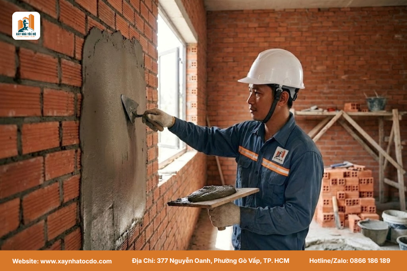 Thợ xây đang thực hiện công tác trát tường, một phần quan trọng trong quy trình thi công hoàn thiện nhà ở.