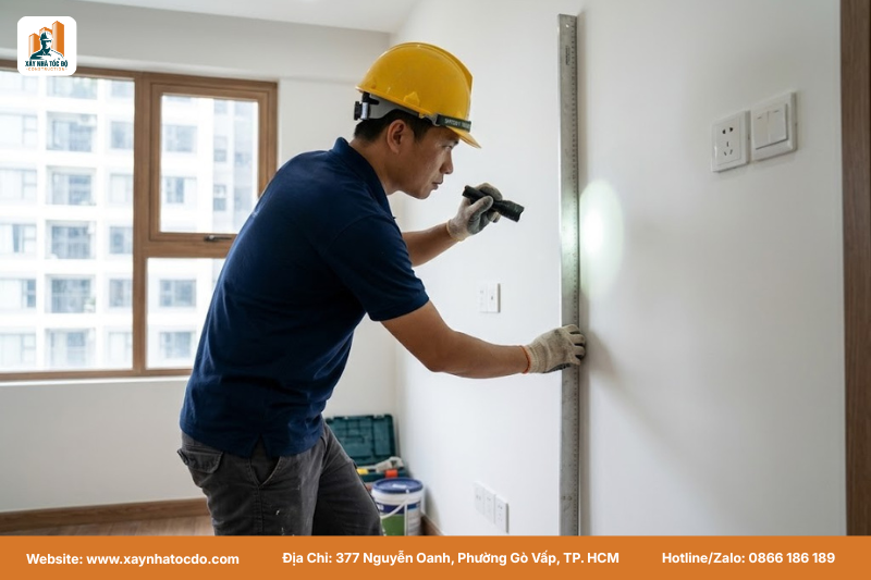 Kỹ sư kiểm tra độ phẳng tường, một bước giám sát quan trọng sau khi hoàn thiện thi công là gì.