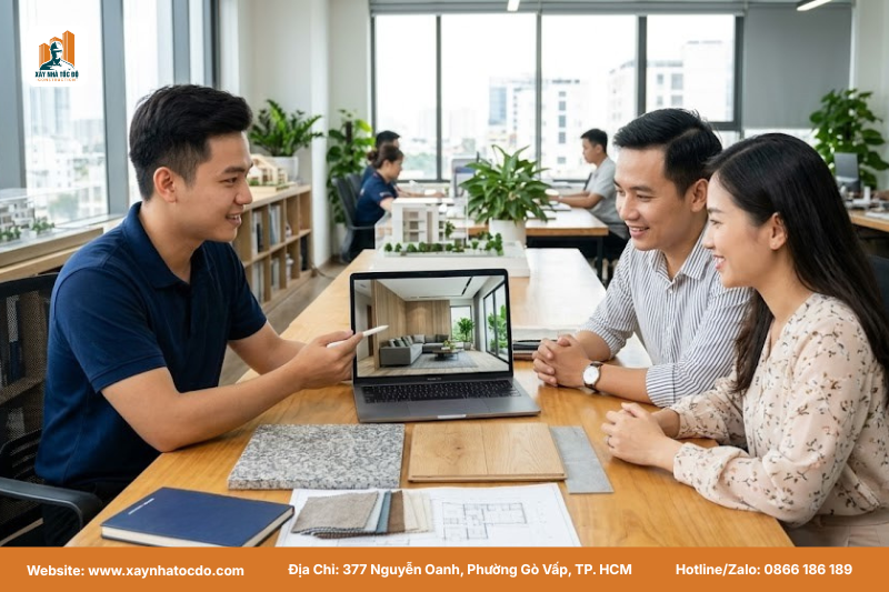 Chốt phương án vật liệu từ thiết kế để tiết kiệm chi phí thi công hoàn thiện.