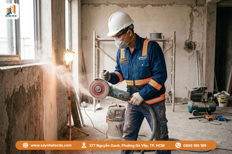 Kỹ sư thực hiện công đoạn mài tường, một bước quan trọng trong tiêu chuẩn xử lý bề mặt.