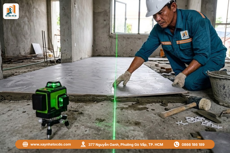 Sử dụng máy laser cân bằng trong quy trình nghiệm thu ốp lát gạch.