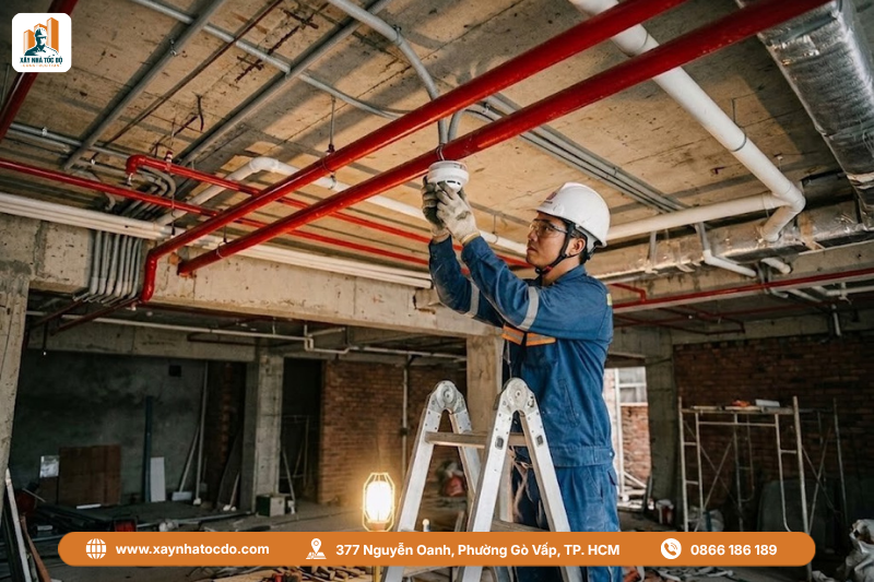 Kỹ thuật viên đang thi công theo đúng quy trình lắp đặt hệ thống PCCC đã được duyệt.