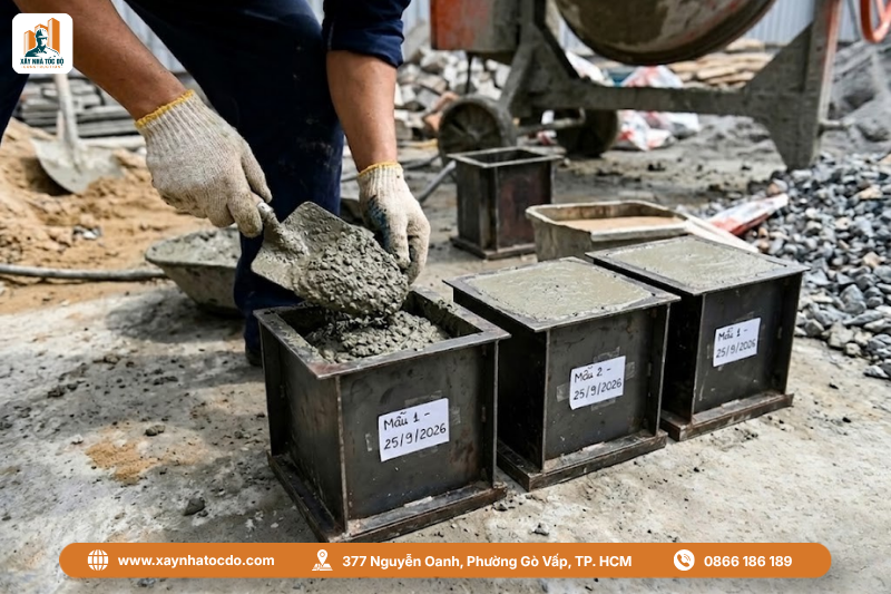 Lấy mẫu lập phương để kiểm tra cường độ trong quá trình nghiệm thu tỷ lệ trộn vữa, bê tông.