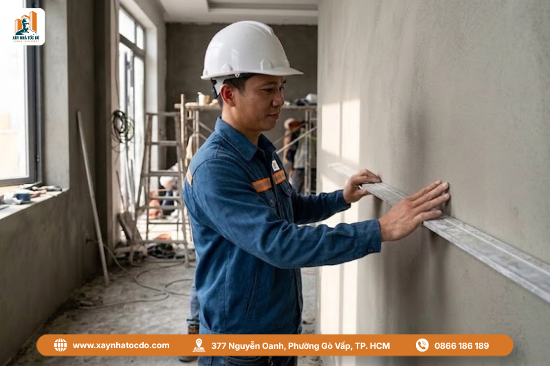 Kỹ sư kiểm tra chất lượng tường theo quy trình nghiệm thu tô trát tường chuyên nghiệp.
