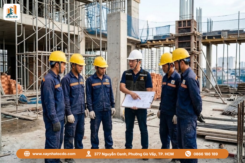 Kỹ sư Xây Nhà Tốc Độ đang họp an toàn đầu giờ với đội ngũ thi công, một phần quan trọng của quy trình giám sát an toàn xây dựng.