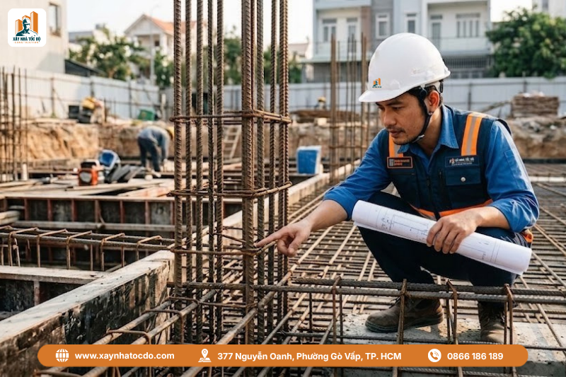 Kỹ sư Xây Nhà Tốc Độ kiểm tra kết cấu móng, minh họa cho quy trình nghiệm thu tầng hầm chuyên nghiệp.