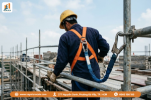 Công nhân tuân thủ quy trình giám sát an toàn, mặc đầy đủ đồ bảo hộ khi làm việc trên cao.
