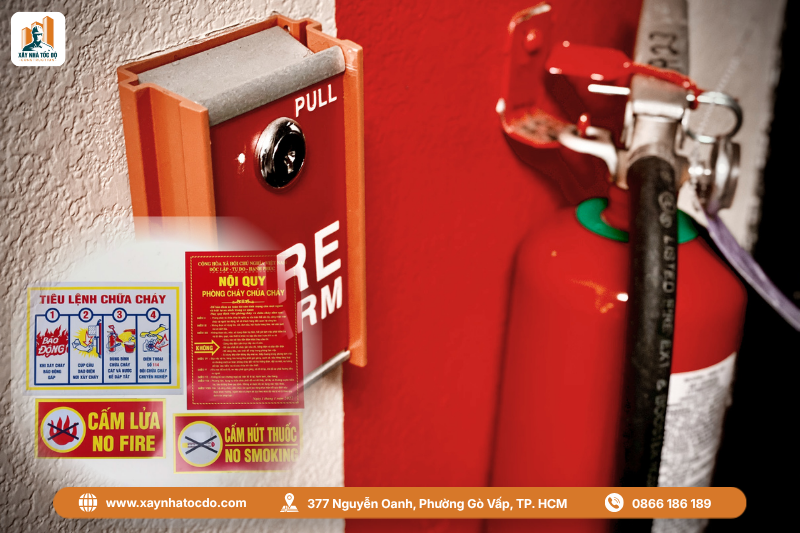 Hệ thống bình PCCC được bố trí đúng chuẩn trong quy trình giám sát an toàn xây dựng tại công trình của Xây Nhà Tốc Độ.
