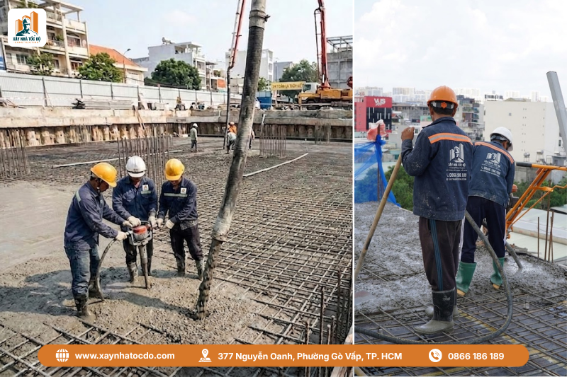 Giám sát quá trình đổ bê tông sàn hầm, một bước quan trọng trong quy trình nghiệm thu tầng hầm.