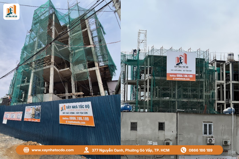 Lưới bao che và biển báo được lắp đặt đầy đủ, thể hiện sự chuyên nghiệp trong quy trình giám sát an toàn.