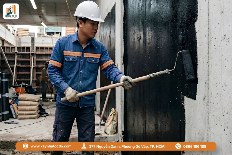 Thi công chống thấm vách hầm, bước cuối cùng trong quy trình nghiệm thu tầng hầm để ngăn nước ngầm.