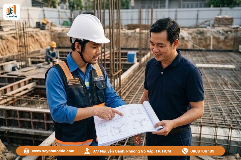 Chủ đầu tư cùng kỹ sư giám sát thực tế tại công trường, đảm bảo quy trình nghiệm thu tầng hầm minh bạch.