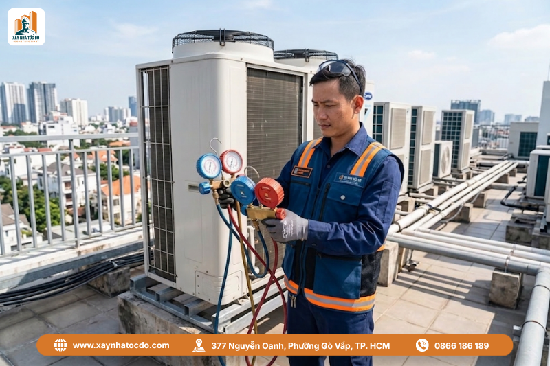 Kỹ sư của Xây Nhà Tốc Độ đang thực hiện quy trình vận hành HVAC và bảo trì chuyên nghiệp.