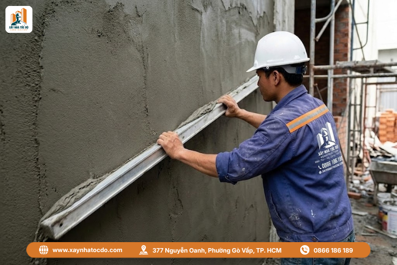 Thợ thi công cán phẳng vữa, đảm bảo đúng quy trình nghiệm thu tô trát tường.