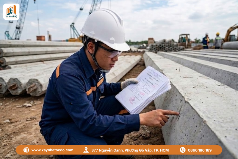 Kỹ sư Xây Nhà Tốc Độ giám sát quy trình thi công nghiệm thu ép cọc, kiểm tra chất lượng cọc bê tông tại công trường.