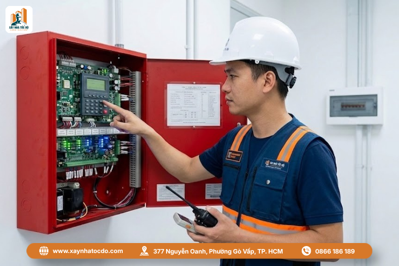 Kiểm tra tủ trung tâm báo cháy, một bước quan trọng trong quy trình lắp đặt hệ thống PCCC.