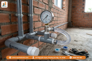 Công tác thử áp lực nước trong 48h để đảm bảo an toàn lao động xây dựng, chống thấm.