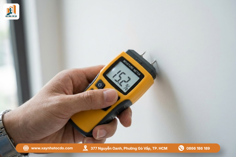 Kỹ sư Xây Nhà Tốc Độ dùng máy đo độ ẩm chuyên dụng, đảm bảo tiêu chuẩn xử lý bề mặt.