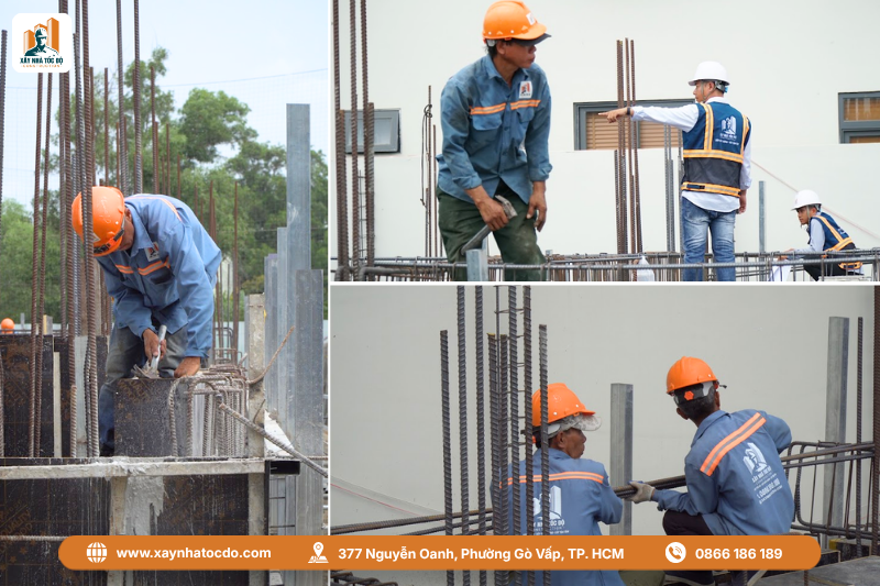 Kỹ sư Xây Nhà Tốc Độ đang giám sát quy trình nghiệm thu cốt pha dầm sàn tại công trình.