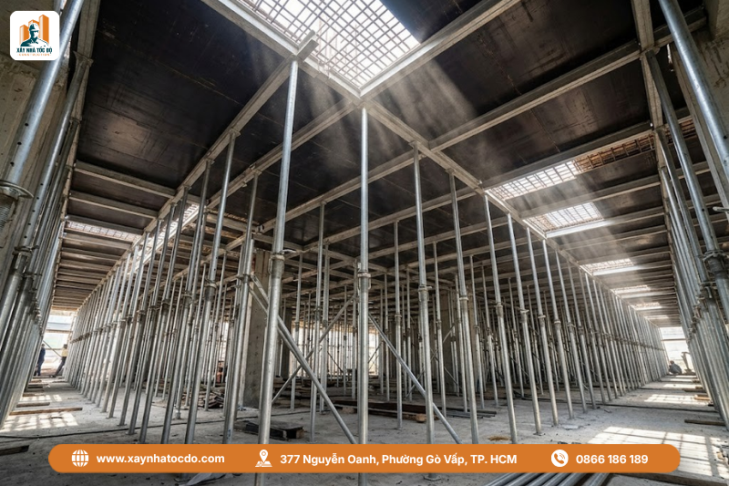 Hệ thống ván khuôn và cây chống được lắp đặt đúng tiêu chuẩn trong quy trình nghiệm thu cốt pha.