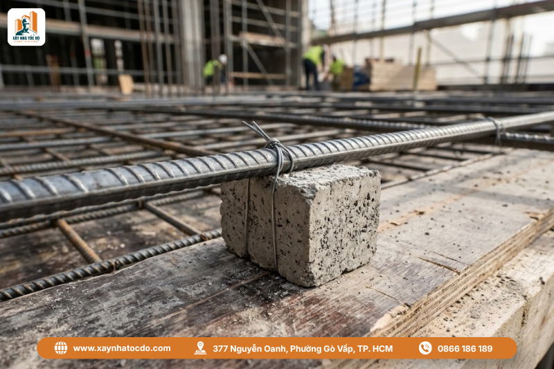 Sử dụng con kê bê tông đúng chuẩn trong quy trình nghiệm thu cốt thép, khác biệt với việc dùng gạch vỡ.