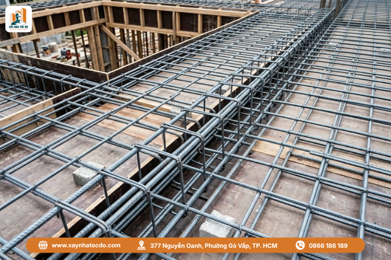 Cận cảnh lưới cốt thép dầm sàn được buộc đúng kỹ thuật, sẵn sàng cho quy trình nghiệm thu cốt pha và bê tông.