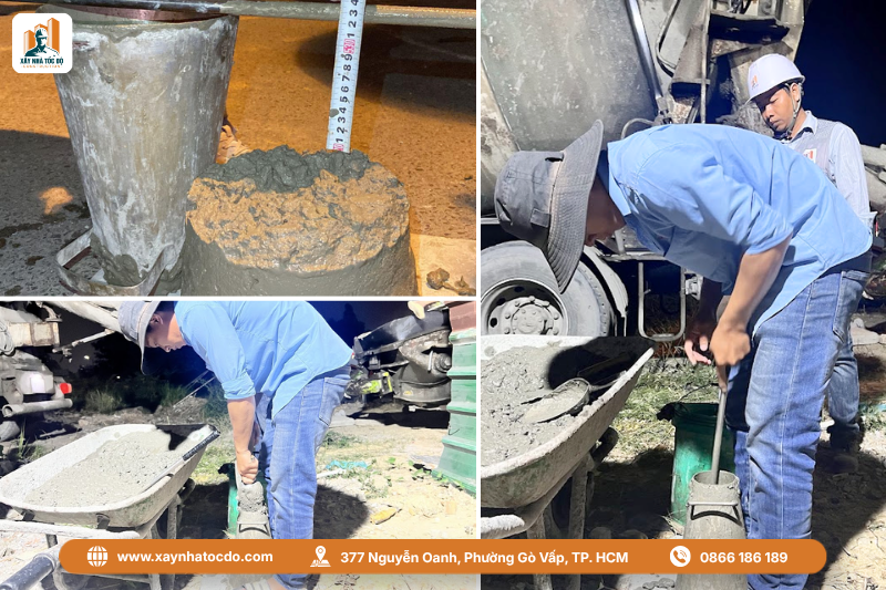 Kỹ sư thực hiện kiểm tra độ sụt của bê tông tại công trường, một bước quan trọng trong quy trình nghiệm thu cốt pha.