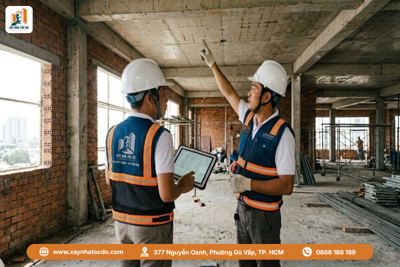 Kỹ sư Xây Nhà Tốc Độ khảo sát thực tế để lên quy trình lắp đặt hệ thống PCCC tối ưu.