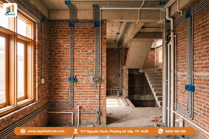 Hệ thống cơ điện âm tường phức tạp đòi hỏi sự chính xác trong an toàn điện trong xây dựng.
